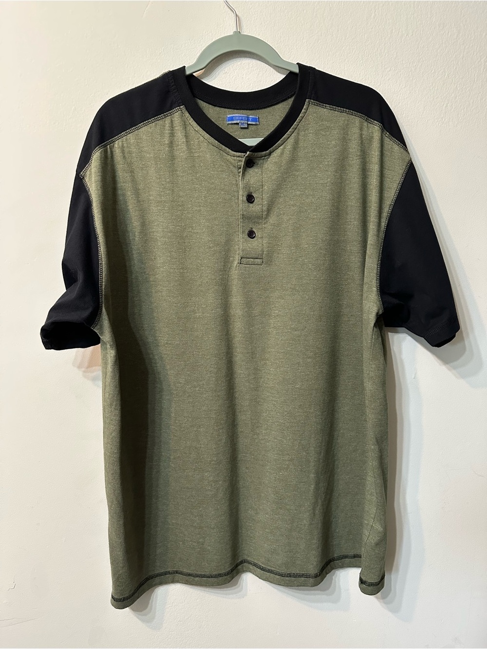 Effect Men’s XL Henley Shirt  Sleeve Green Black Colorblock Cotton Blend Tee